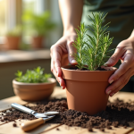 Mains plantant du romarin dans un petit pot en terre cuite