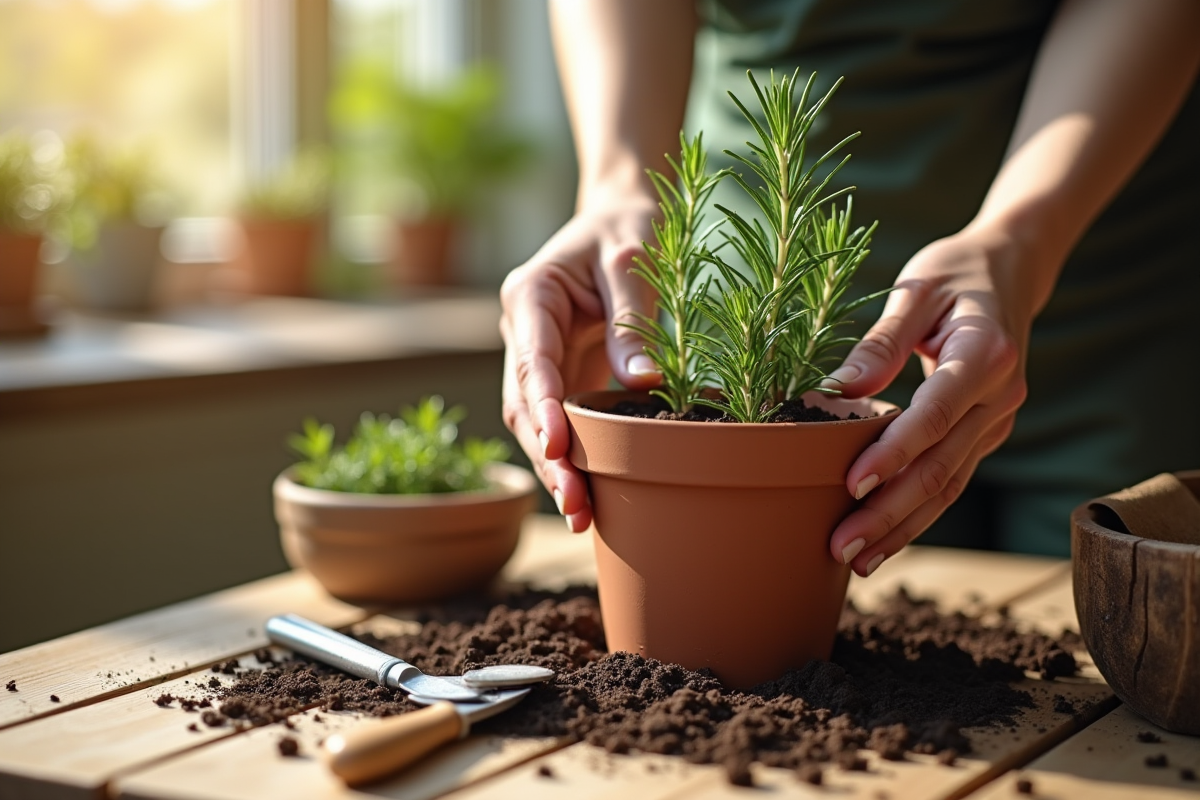 Mains plantant du romarin dans un petit pot en terre cuite