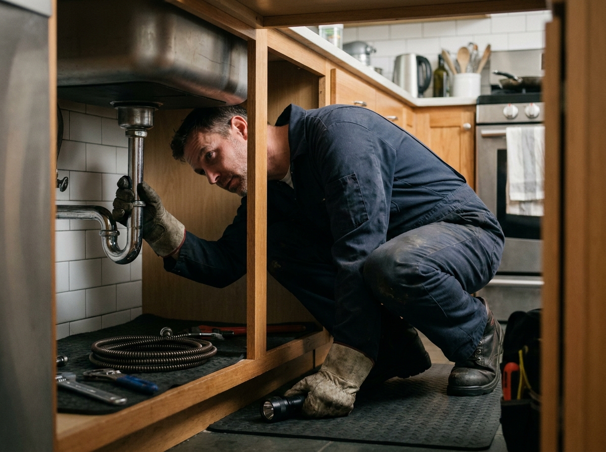 Plombier professionnel en train de déboucher les canalisations sous un évier de cuisine avec des outils spécialisés