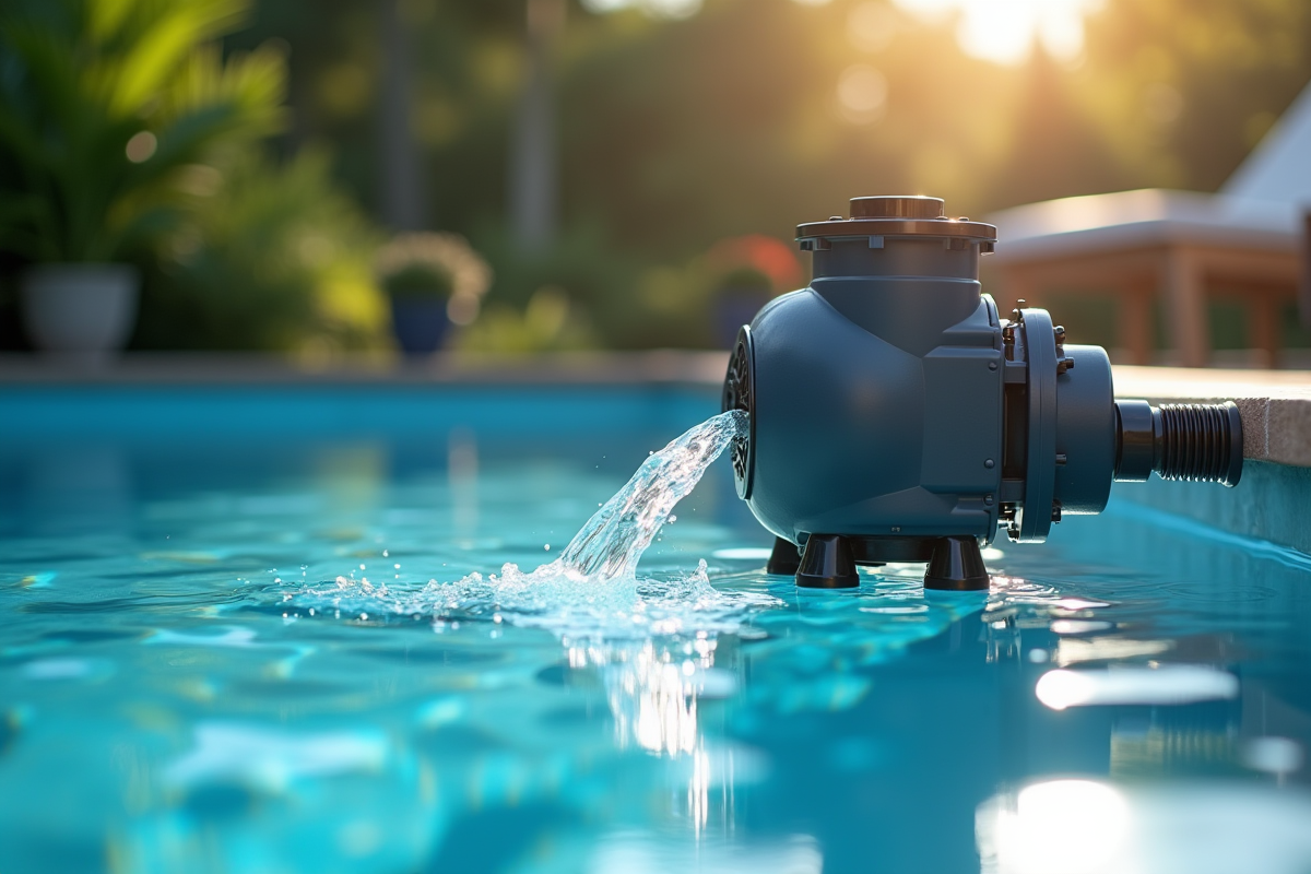 Gros plan sur la pompe de filtration de la piscine le matin