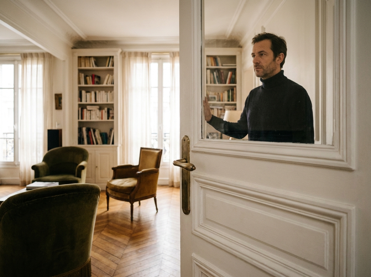 Porte battante pleine en bois blanc style haussmannien ouvrant sur un salon parisien classique