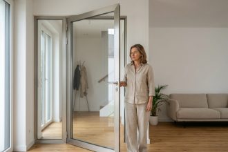 Porte battante vitrée dans un salon moderne avec cadre aluminium et parquet chêne
