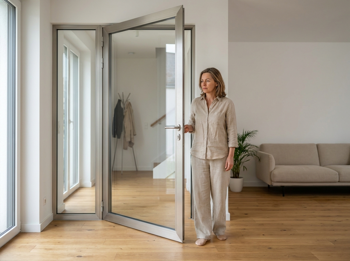 Porte battante vitrée dans un salon moderne avec cadre aluminium et parquet chêne