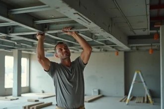 Ouvrier posant un faux plafond sur ossature métallique dans une grande surface commerciale en travaux