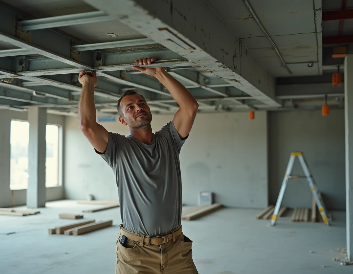 Ouvrier posant un faux plafond sur ossature métallique dans une grande surface commerciale en travaux