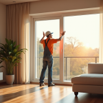 Poseur installant une fenetre double vitrage moderne dans un salon lumineux