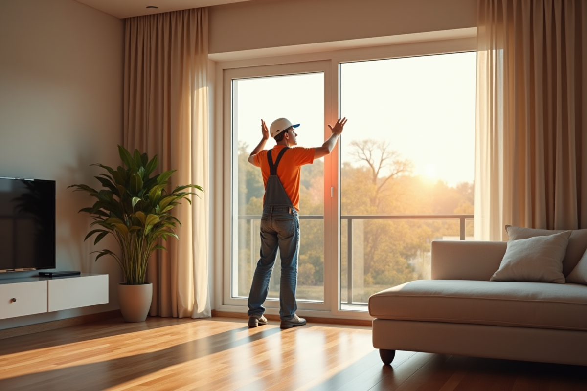Poseur installant une fenetre double vitrage moderne dans un salon lumineux