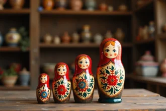 Ensemble de poupées russes matriochka peintes à la main disposées en rangée sur une table en bois rustique, avec des motifs floraux traditionnels en rouge, bleu et or