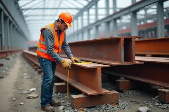 Ouvrier examinant des poutres en acier IPN et IPE sur un chantier de construction industriel