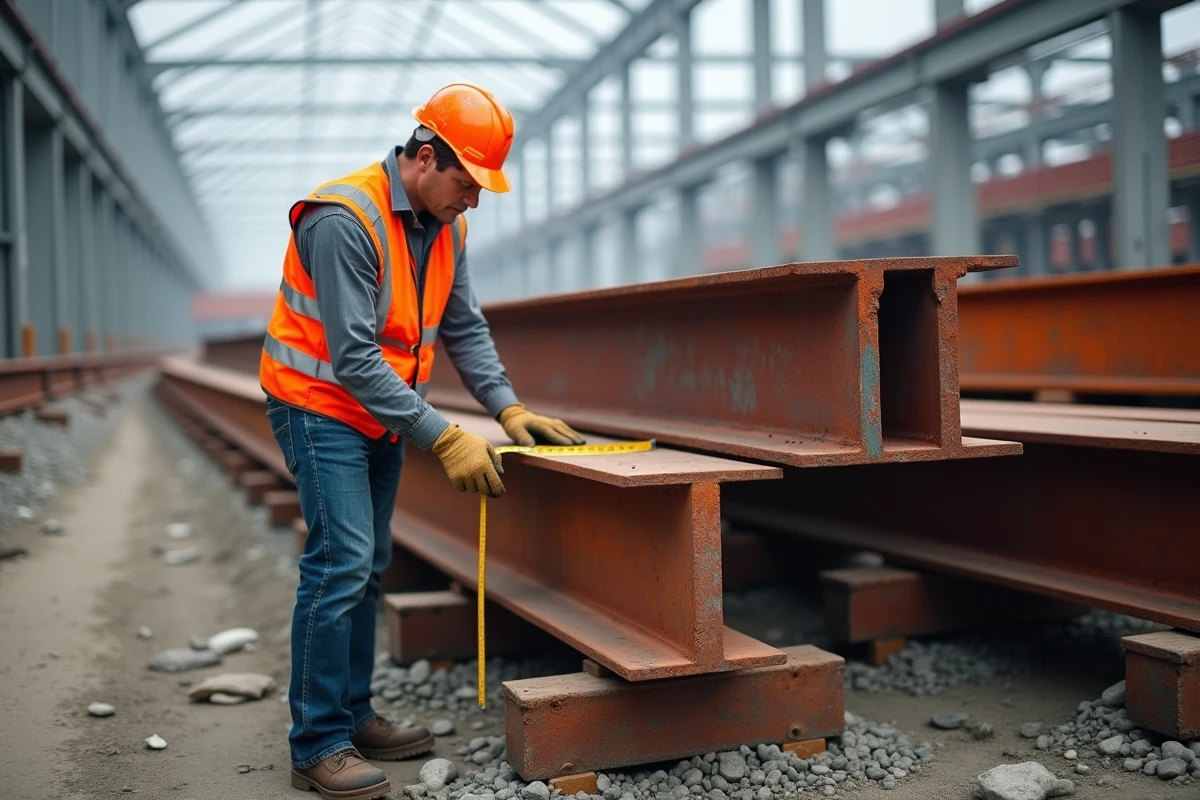 Ouvrier examinant des poutres en acier IPN et IPE sur un chantier de construction industriel