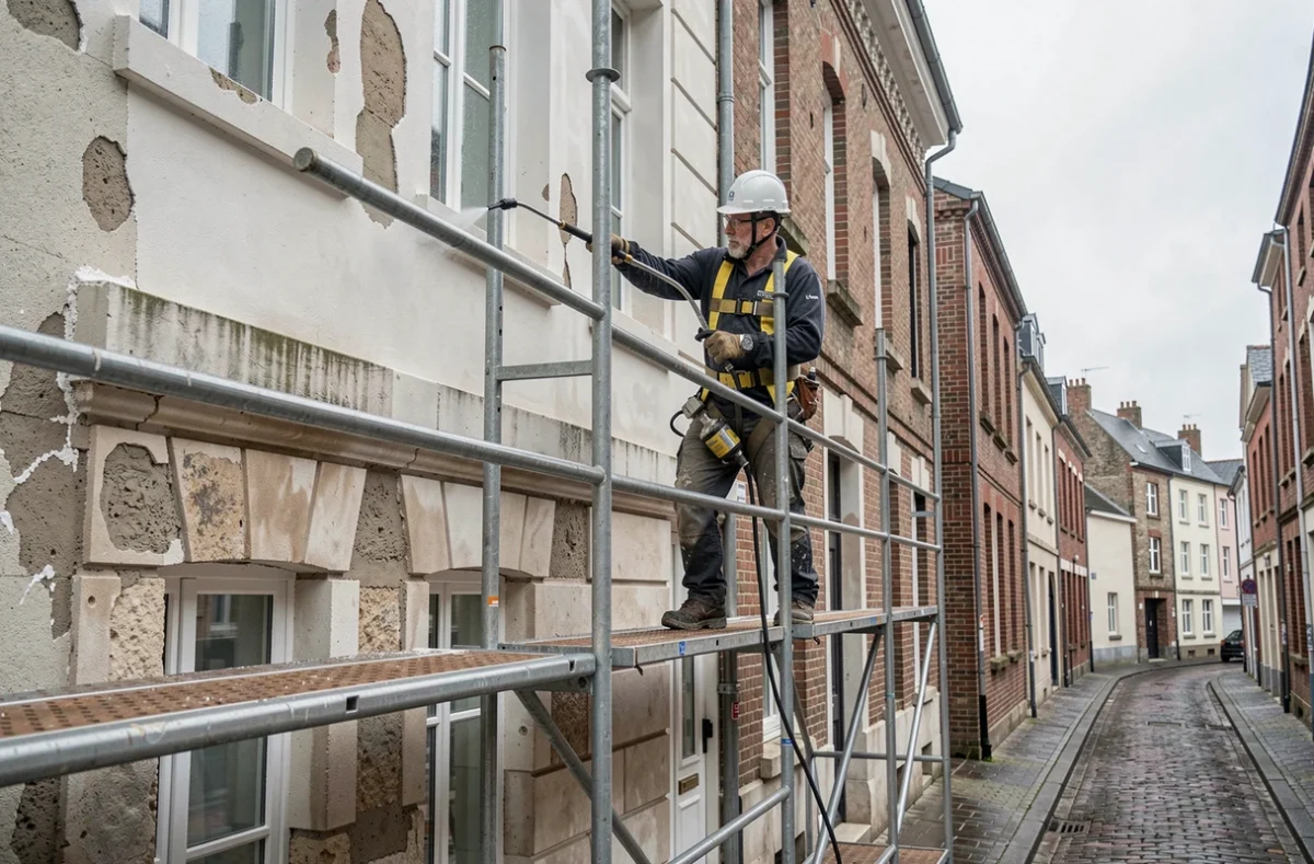 Ouvrier de Pro-Façade Rénovation réalisant un ravalement de façade sur un immeuble dans les Hauts-de-France