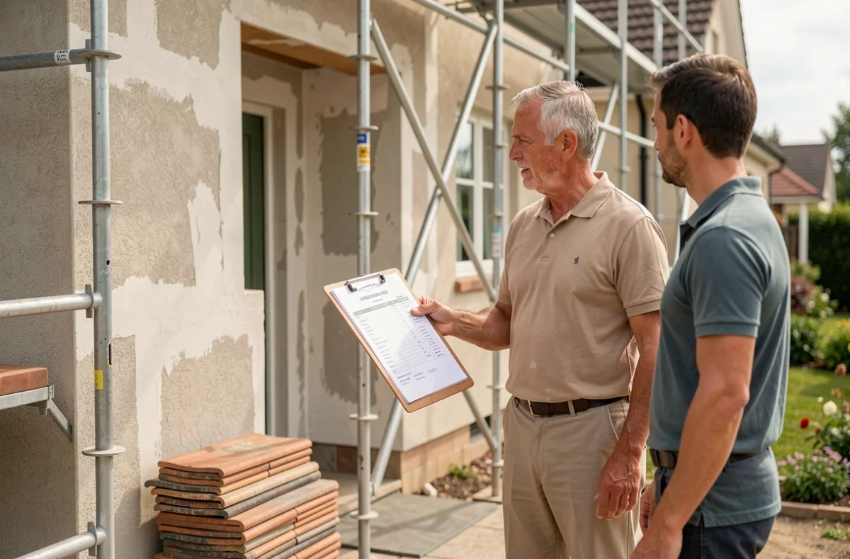 Professionnel du bâtiment expliquant un devis détaillé à un propriétaire devant une maison en cours de rénovation extérieure