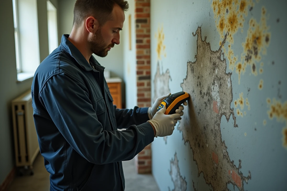 Professionnel mesurant l'humidité sur un mur abîmé par des moisissures dans un couloir résidentiel avec un hygromètre