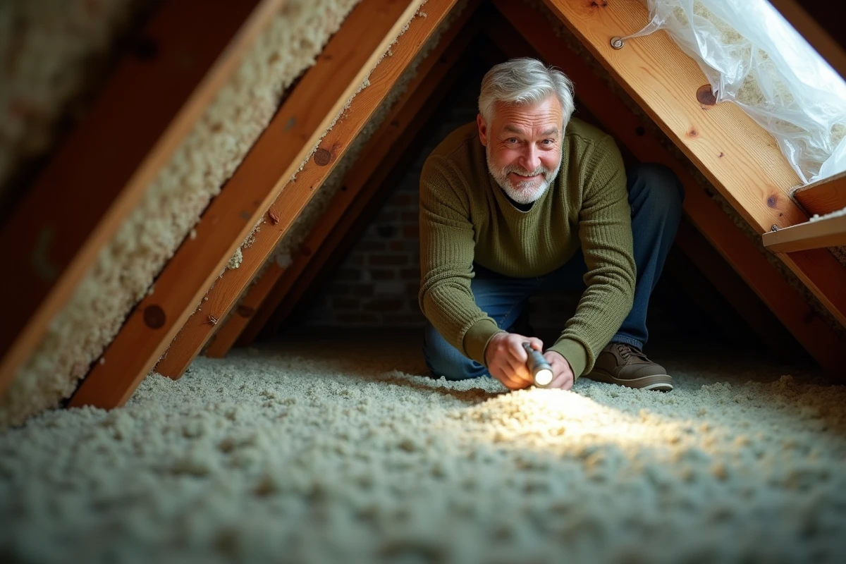 Propriétaire inspectant l'isolation en ouate de cellulose projetée dans les combles d'une maison pour améliorer sa performance énergétique