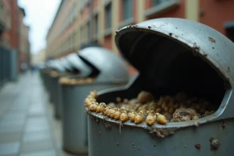 Gros plan sur des pupes de mouche visibles à l'intérieur d'une poubelle métallique urbaine sur un trottoir en béton