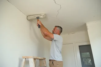 Artisan appliquant de l'enduit de rebouchage sur une fissure de plafond avec une spatule large dans un appartement en rénovation