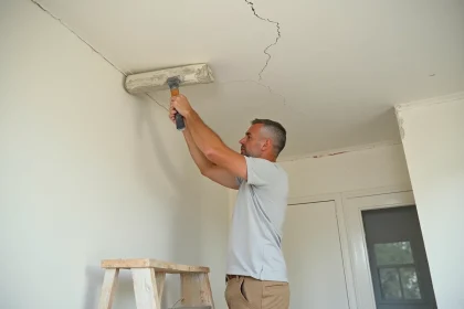 Artisan appliquant de l'enduit de rebouchage sur une fissure de plafond avec une spatule large dans un appartement en rénovation
