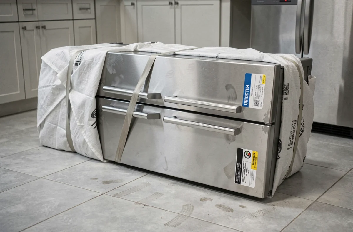 Réfrigérateur neuf couché sur le côté sur un carrelage de cuisine moderne, entouré de couvertures de déménagement