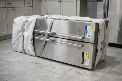 Réfrigérateur neuf couché sur le côté sur un carrelage de cuisine moderne, entouré de couvertures de déménagement