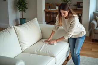 Femme appliquant soin cuir sur canapé en intérieur