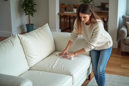Femme appliquant soin cuir sur canapé en intérieur