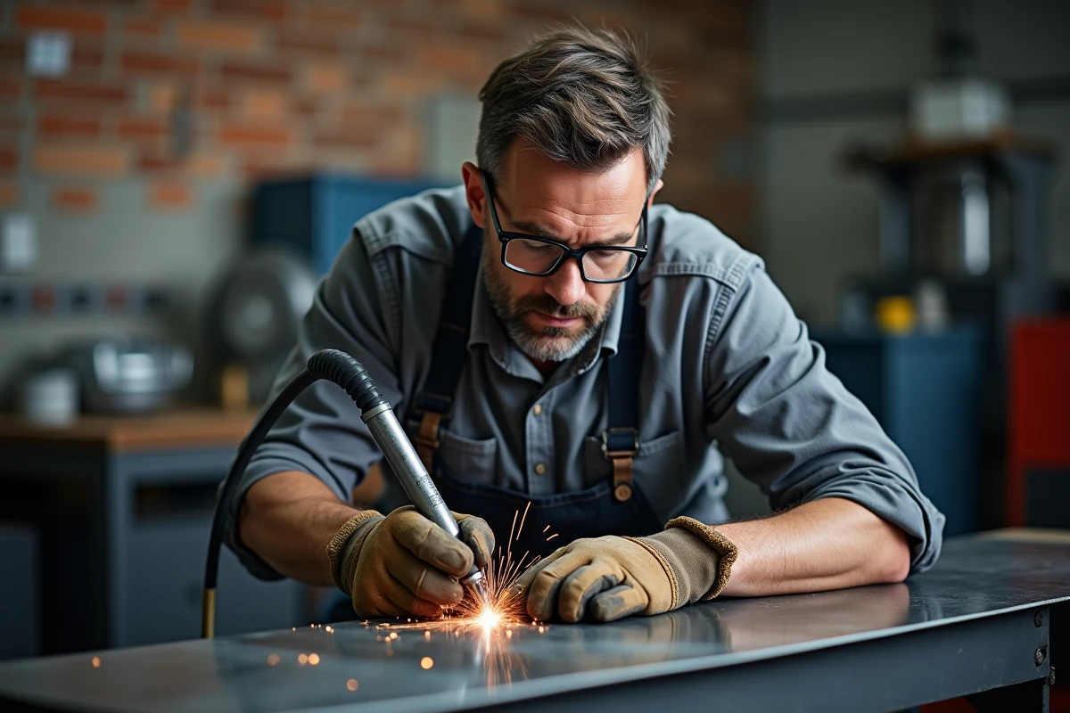 Technicien réparant une tôle percée par soudure avec technique de points espacés au fil fourré dans un atelier professionnel