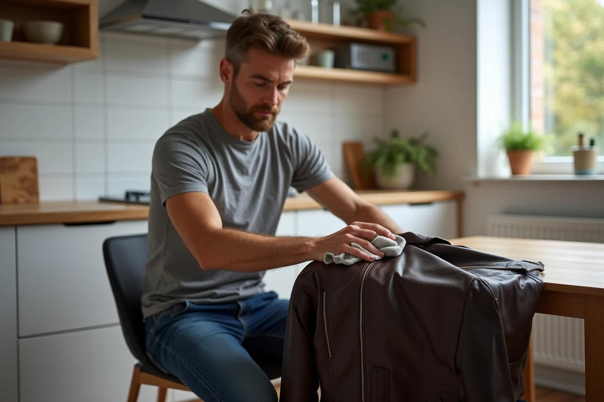 Homme appliquant un conditionneur sur une veste en cuir restaurée après l'avoir nettoyée de la moisissure