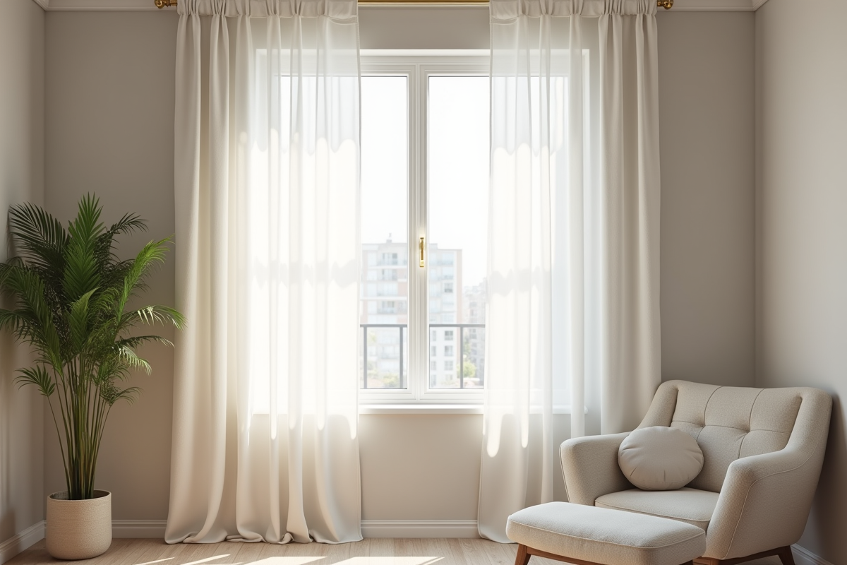 Salon moderne avec un rideau en lin clair laissant passer la lumière