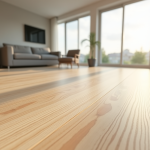 Salon moderne avec sol en bois clair et grande fenetre