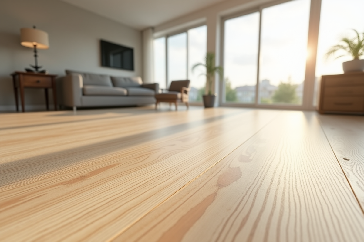 Salon moderne avec sol en bois clair et grande fenetre