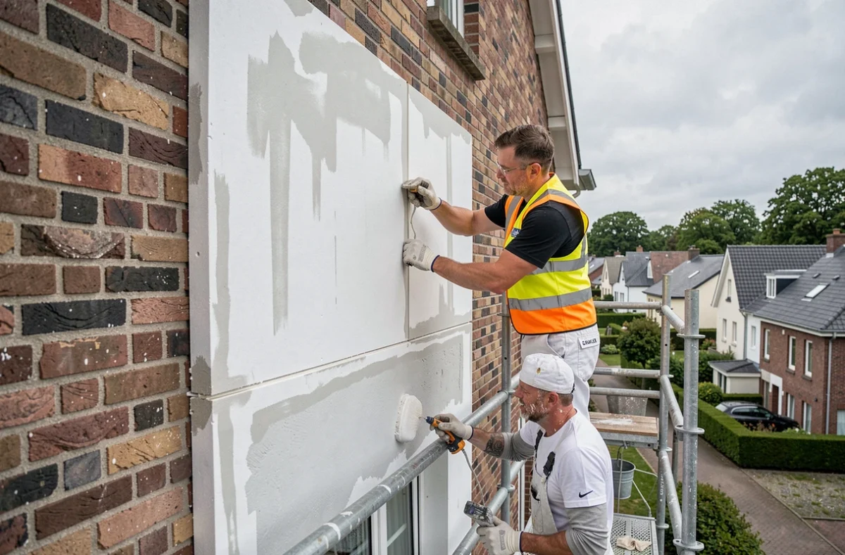Technicien de SAS Isopeinture posant des panneaux d'isolation sur une façade de maison dans le Nord
