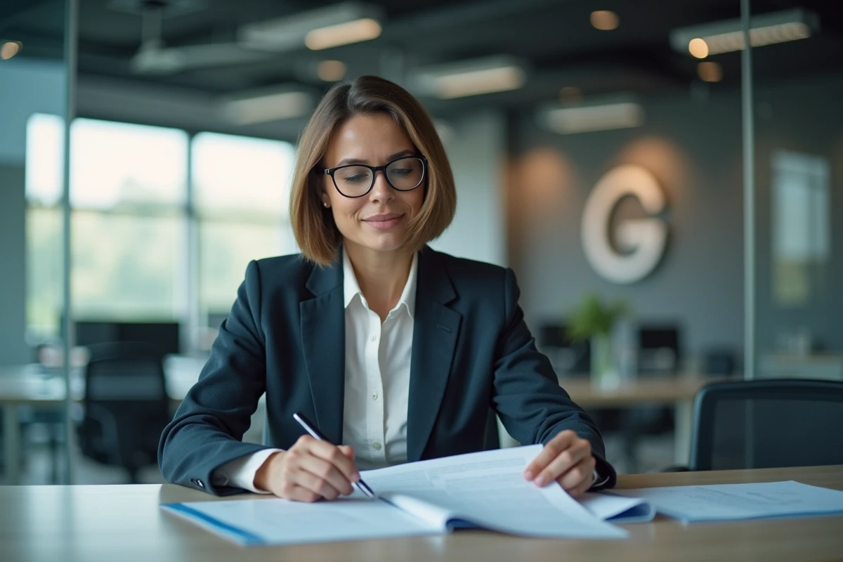 Secretaire femme en bureau lisant des documents