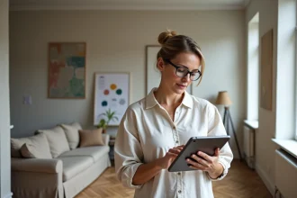 Femme utilisant un simulateur de décoration intérieure sur tablette dans un appartement en cours de rénovation avec échantillons de peinture au mur