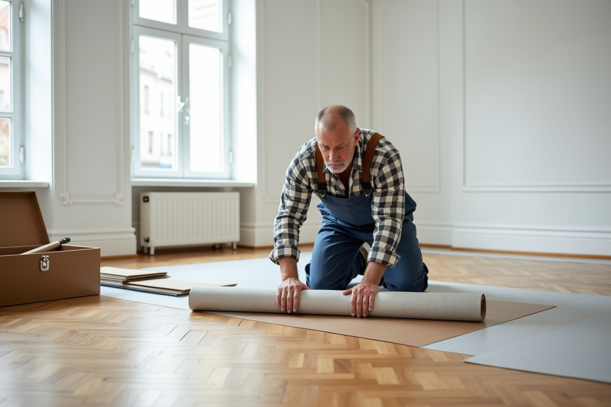 Spécialiste pose un revêtement de vinyle sur parquet
