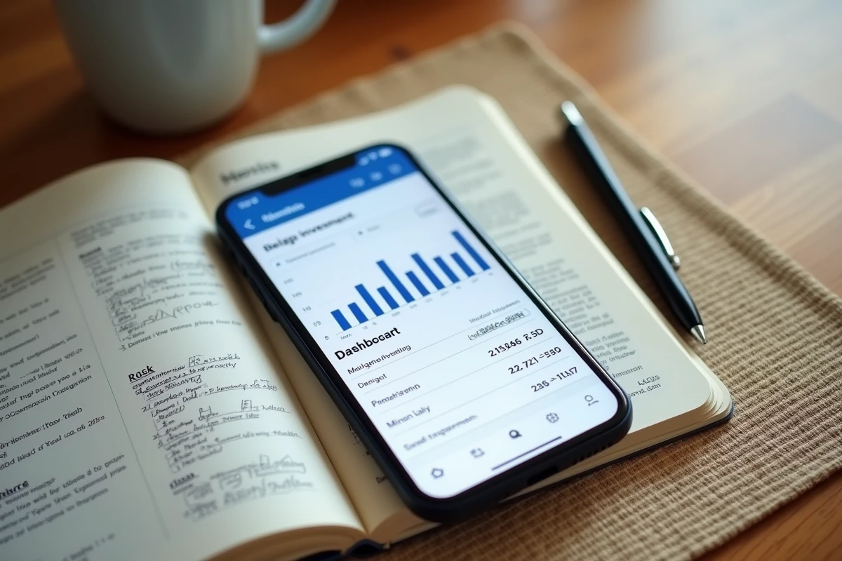 Vue en plongée d'un bureau avec smartphone affichant un tableau de bord d'investissement, carnet de notes budgétaires et rapport de risques imprimé
