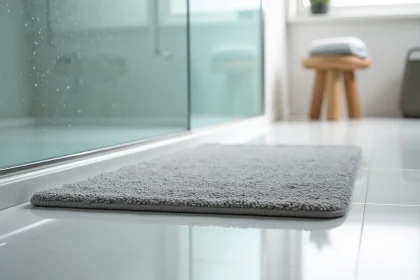 Tapis de bain antidérapant ultra absorbant en microfibre gris posé devant une douche à l'italienne en salle de bains moderne