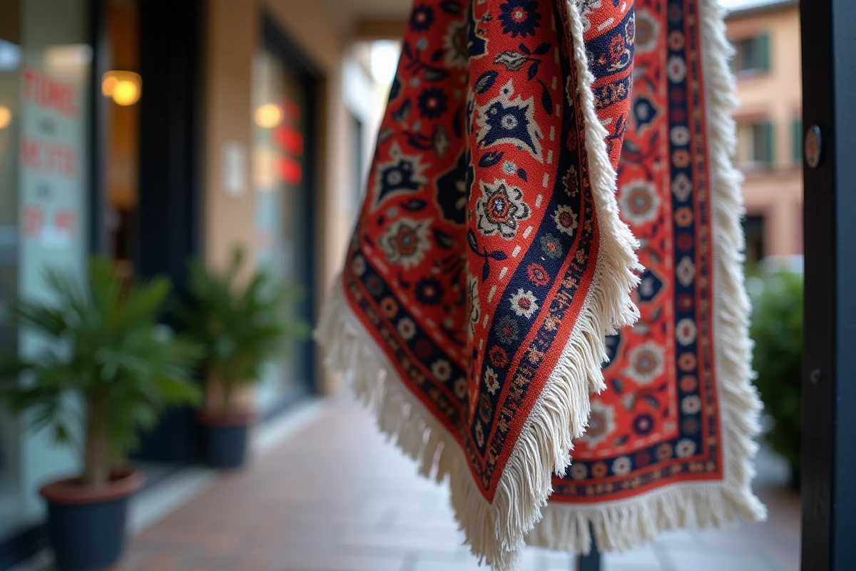 Tapis persan propre suspendu à l'extérieur d'un pressing 5 à sec avec étiquette de tarif visible