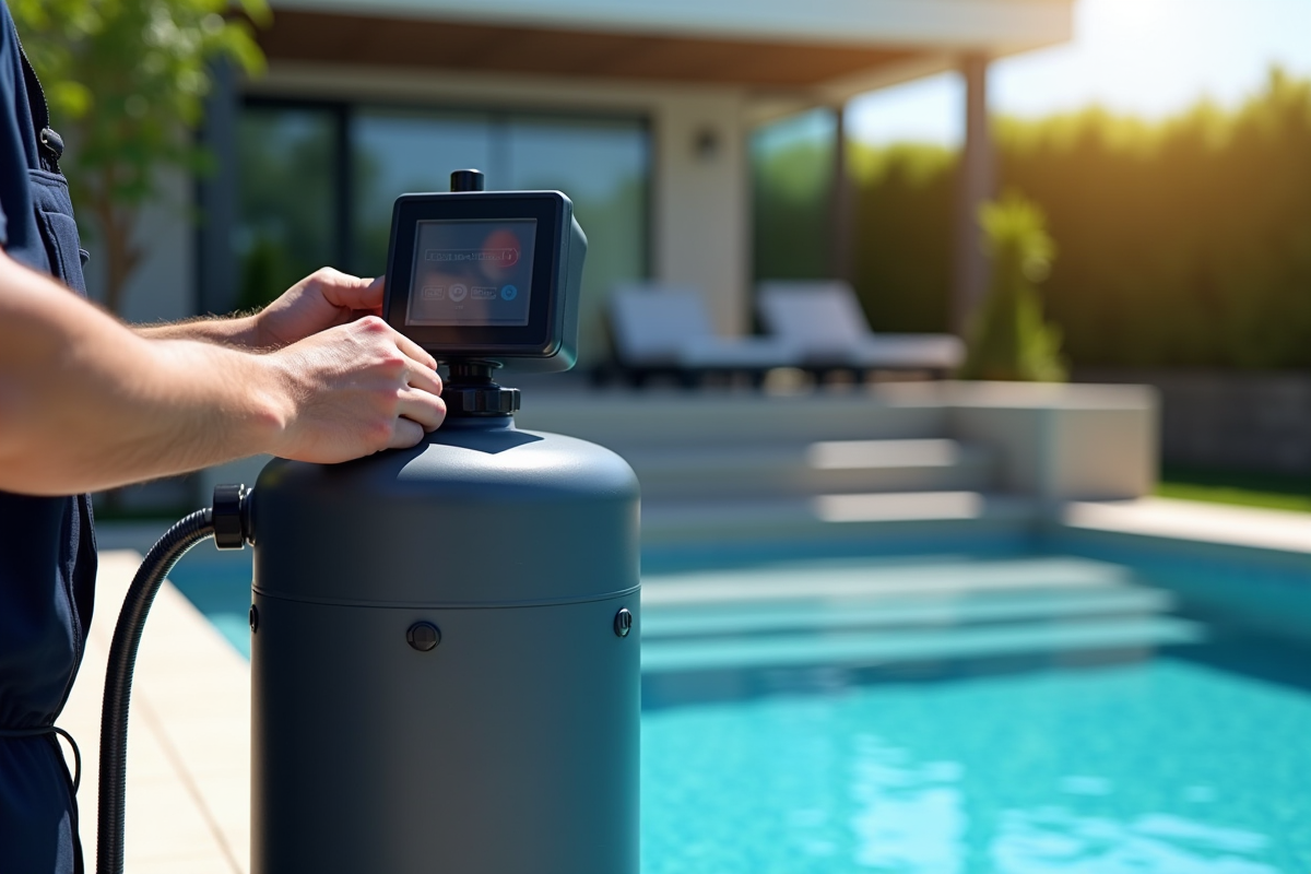 Technicien ajustant le panneau de contrôle de la filtration de la piscine