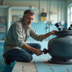 Homme d'âge moyen en tenue de travail inspectant un filtre à sable en intérieur
