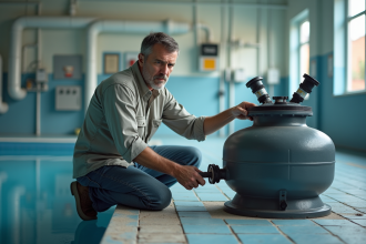 Homme d'âge moyen en tenue de travail inspectant un filtre à sable en intérieur