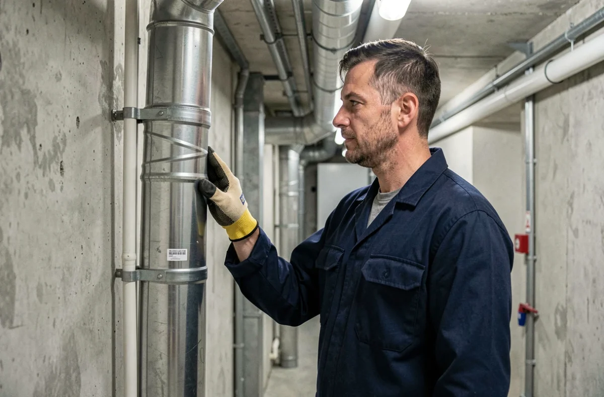 Technicien inspectant un réseau de ventilation Clinside dans le couloir technique d'un immeuble collectif
