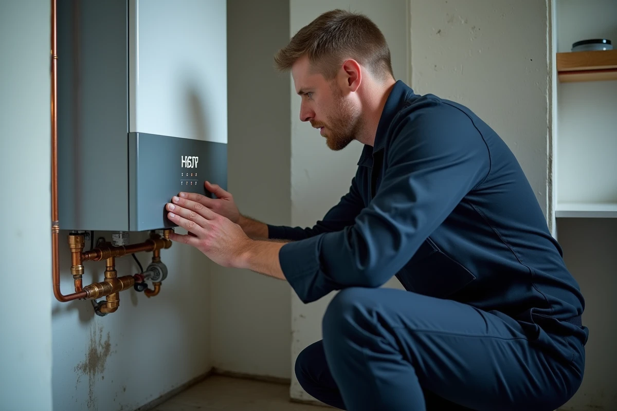 Technicien réglant la régulation d'une chaudière électrique murale dans une chaufferie résidentielle