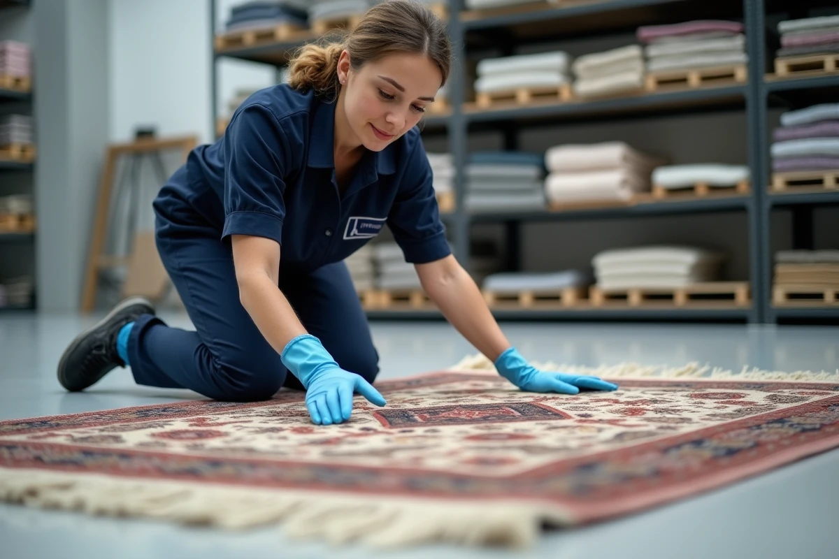 Technicienne en nettoyage à sec inspectant un tapis oriental dans un atelier professionnel 5 à sec