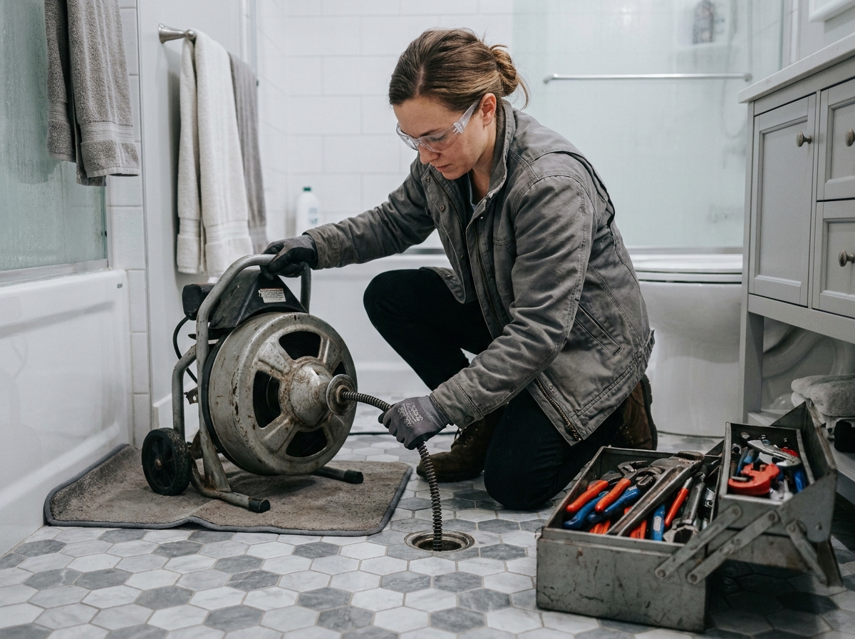 Technicienne en plomberie utilisant un furet électrique professionnel pour déboucher un siphon de sol dans une salle de bain