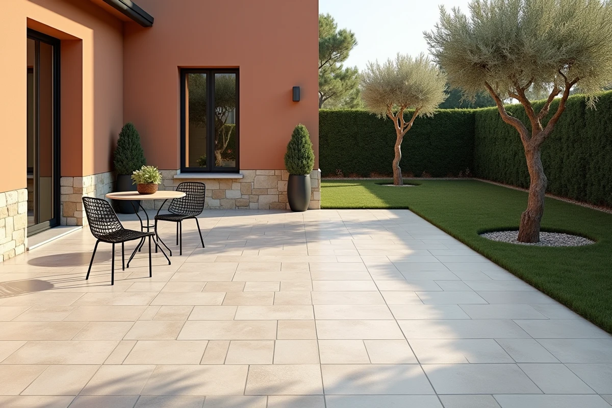 Terrasse en carrelage grand format avec mobilier de jardin illustrant le coût au m2 ou forfait global