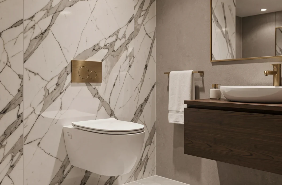 Toilette suspendu dans une salle de bain de style hôtel de luxe avec mur en marbre Calacatta et robinetterie dorée brossée