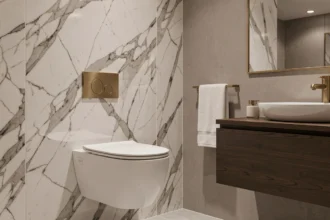 Toilette suspendu dans une salle de bain de style hôtel de luxe avec mur en marbre Calacatta et robinetterie dorée brossée
