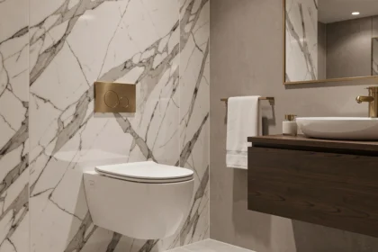 Toilette suspendu dans une salle de bain de style hôtel de luxe avec mur en marbre Calacatta et robinetterie dorée brossée