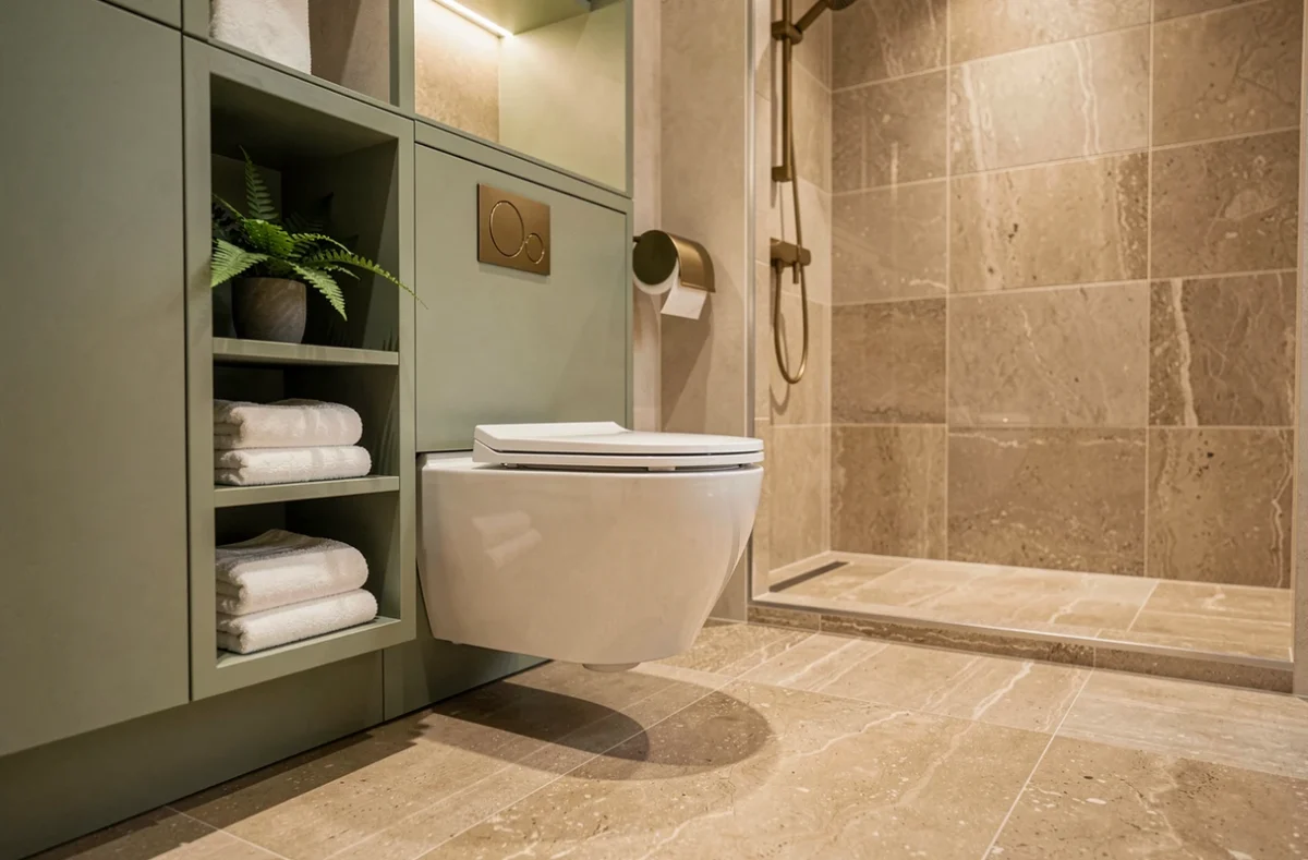 Vue grand angle d'une salle de bain avec toilette suspendu encastré dans un meuble laqué vert sauge et sol en travertin poli
