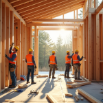 Groupe de travailleurs en sécurité installant une maison moderne